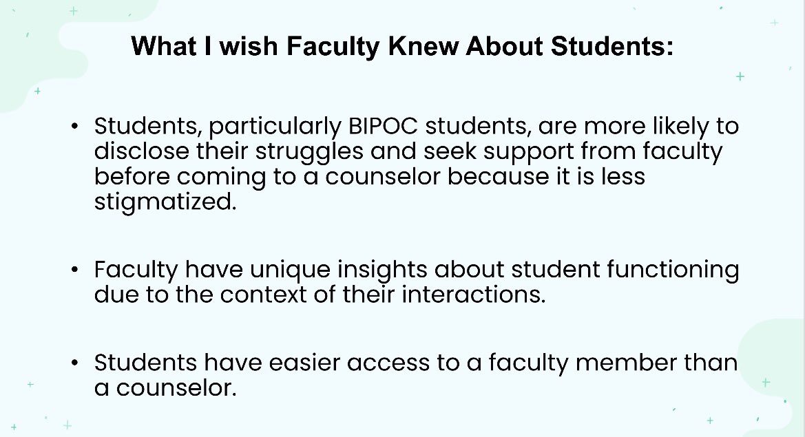 LMercadoLopez's tweet image. Session 3D: Faculty are the “eyes and ears.” Have unique access to students and their mental health experiences. 
#CSUStudentSuccess2021