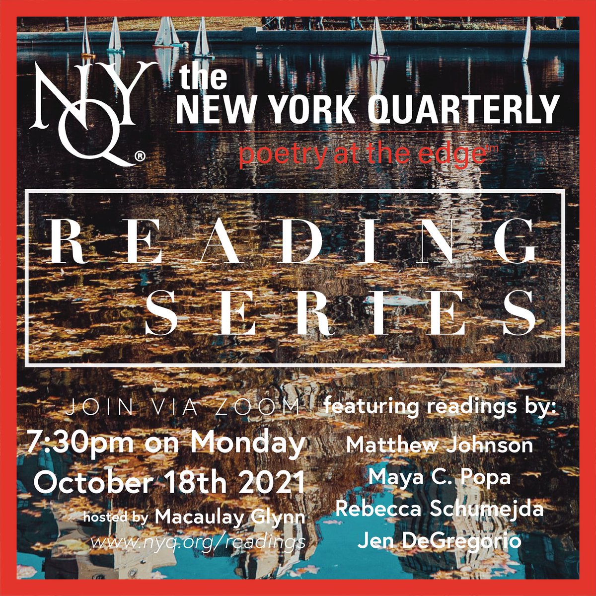 nyquarterly's tweet photo. TWO DAYS! NYQ Reading Series is on MONDAY, OCTOBER 18th at 7:30pm ET, featuring Matthew Johnson, Rebecca Schumejda, Maya C. Popa, and Jen DeGregorio on Zoom. Get the link at https://t.co/uEBps0HHaP https://t.co/MCdjVglCid