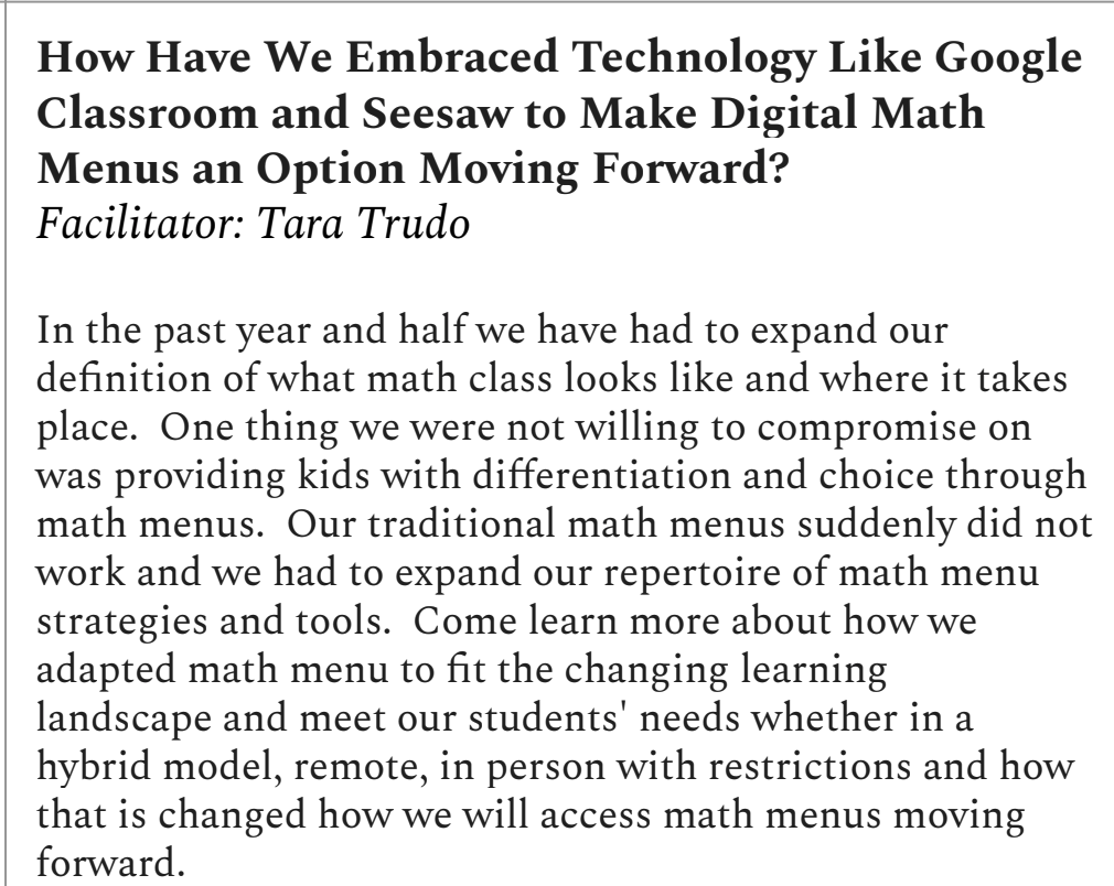 AllLearnersMath's tweet photo. Excited to hear about how we've embraced Technology to make digital Math Menus and option moving forward with @ttmathmaniac #Math4All #ALNCon2021 https://t.co/0Ulx6gr0Vb