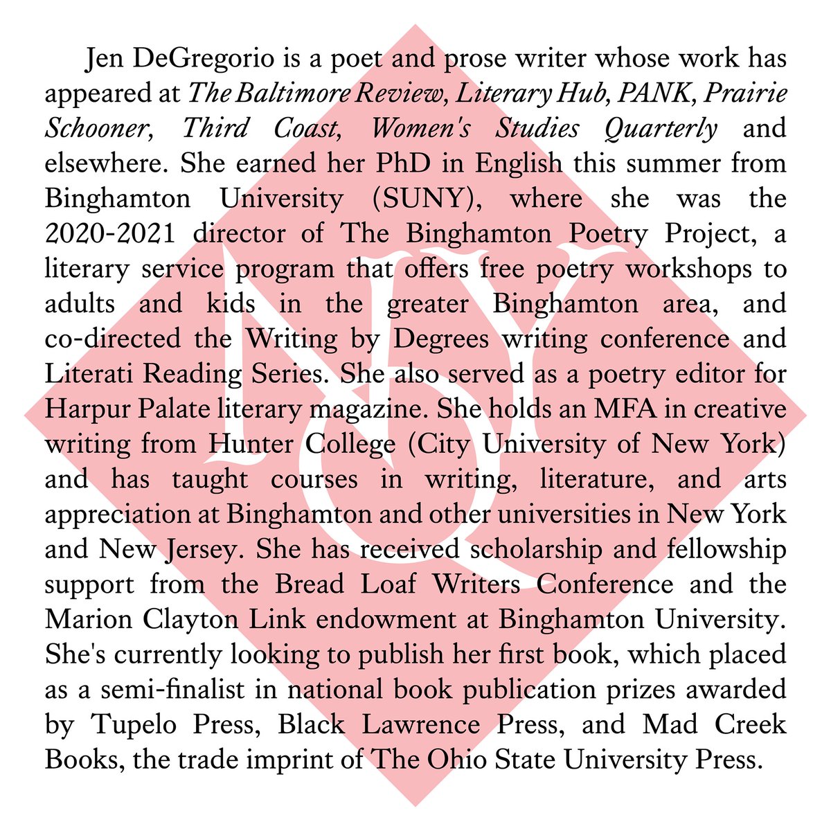 nyquarterly's tweet photo. NYQ Reading Series will feature readings by Matthew Johnson, Rebecca Schumejda, Maya C. Popa, and Jen DeGregorio on Monday, October 18th at 7:30pm ET. https://t.co/uEBps0HHaP #nyq #nyquarterly #poetryattheedge #poetryandsociety https://t.co/FaN4whm9y8