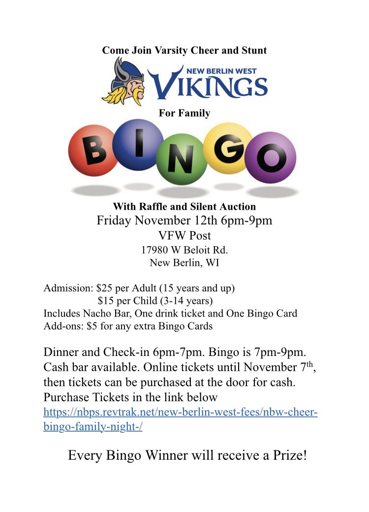 Save the date! Come play bingo and support your NBW cheer team!!