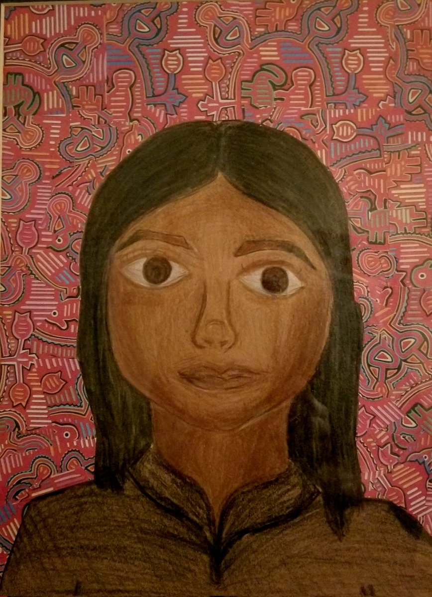 LourdesFuller11's tweet photo. My students @ShenandoahMS celebrated #HispanicHeritageMonth with self-portraits & collaged taraditional designs: #Zapotec rugs, #Huichol beaded prayer bowls, Amusgo #hupil woven brocades, #Panamanianmolas, #Mayan rugs, Vallero Star blankets, Inca silk wools & Mexican #serapes. https://t.co/NxW2vnsw1h