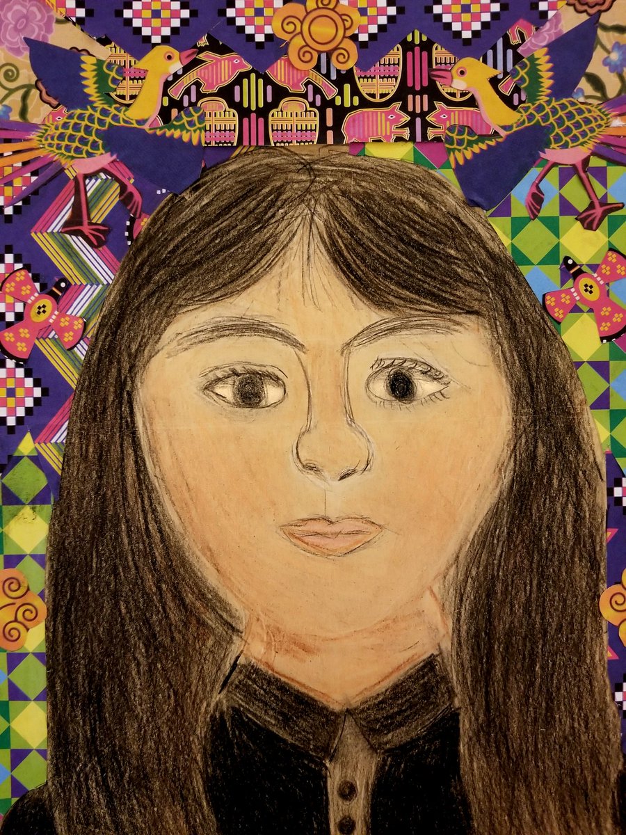 LourdesFuller11's tweet photo. My students @ShenandoahMS celebrated #HispanicHeritageMonth with self-portraits & collaged taraditional designs: #Zapotec rugs, #Huichol beaded prayer bowls, Amusgo #hupil woven brocades, #Panamanianmolas, #Mayan rugs, Vallero Star blankets, Inca silk wools & Mexican #serapes. https://t.co/NxW2vnsw1h