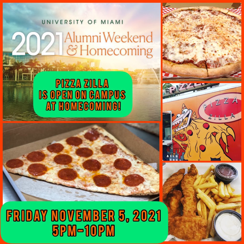 MARK YOUR CALENDARS 🙌🙌
Friday, November 5, 2021 5pm-10pm OPEN TO THE PUBLIC on University of Miami Campus FIREWORKS! HEAR THE MARCHING BAND! CHECK OUT CHEERLEADERS, BOAT BURNING CEREMONY &amp; MORE! FUN FOR THE WHOLE FAMILY!!!🧡💚#pizzazilla #homecoming #universityofmiami #gocanes