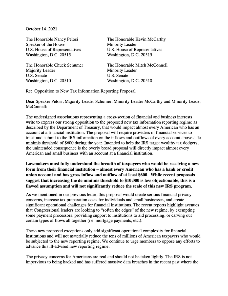 ConsumerBankers's tweet photo. NEW — 100+ leading business &amp; financial groups wrote to @SenSchumer, @LeaderMcConnell, @SpeakerPelosi &amp; @GOPLeader reaffirming their opposition to a Treasury proposal that would give the IRS sight into almost every American and small business account at a financial institution. https://t.co/psvb5qPE8I