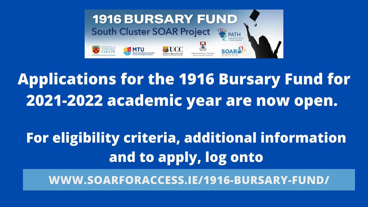 The application deadline for the @SoarForAccess 1916 Bursary Fund is tomorrow Friday 15 October at 5pm. 

Apply online ▶️ soarforaccess.ie/1916-bursary-f…

#1916bursary #studentfinance #MTUAccess