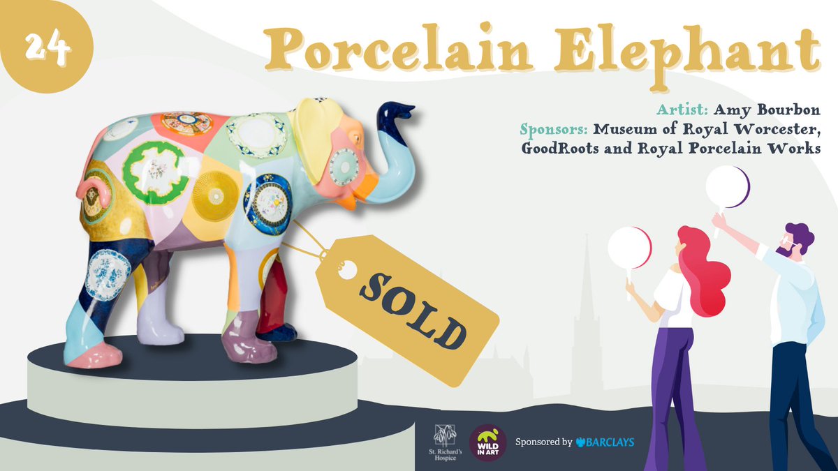 WarrensOfWorc's tweet photo. LOT 24 is #PorcelainElephant, affectionately known as Portia by artist @AmyBourbon and sponsors @TheMoRW @RPWWorcester & #GoodRoots. And she’s raised a fabulous £7,500 for @StRichardsHosp tonight! #WorcsBigParade https://t.co/s2GiFkggcA