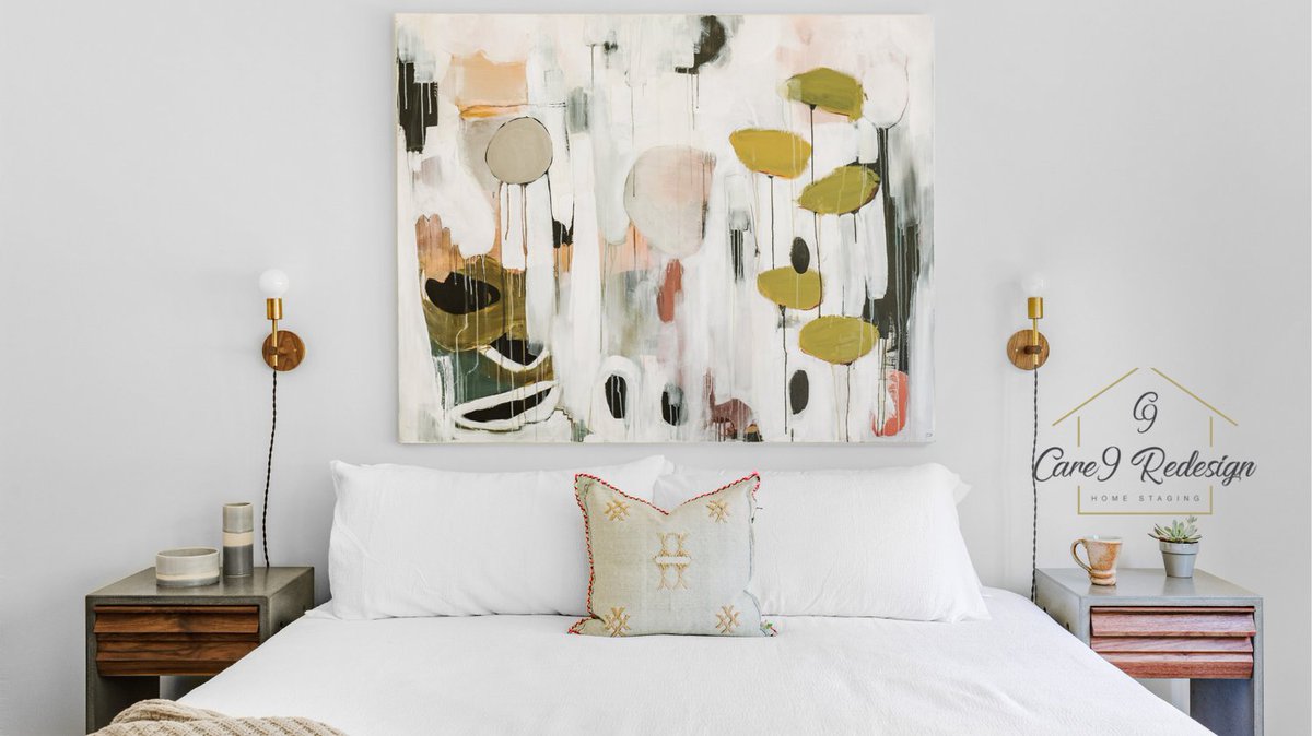 care9redesign's tweet photo. Need a change in the bedroom?  Use large canvas art as your "headboard" - this is a quick and inexpensive way to shake things up a bit. https://t.co/sfFvy4lRn6