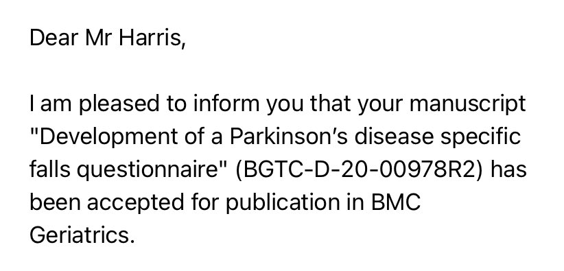 Dale_Harris36's tweet image. Finally! This publication from my PhD thesis has taken over 12 months to get accepted. Thanks to all co authors for their contributions @ThisistheWei @tjrantal @liamgjohnson @daly_prof #bmcgeriatrics #parkinsonsresearch #questionnairedesign #Parkinsonsdisease