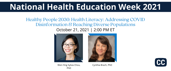 HM_Flatz's tweet photo. Explore how health education specialists can address the new Healthy People 2030 goals related to health literacy during the #NHEW2021 live event “Healthy People 2030 Health Literacy...” Register: https://t.co/mE6tRxBbGm @waterscenter @MITREcorp @UMDHealthLit @BarbaraBushFdn https://t.co/hDj9EuxIQJ