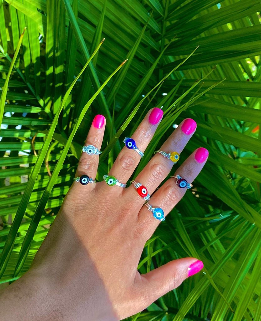 super cute evil eye rings!!!  

multiple color options and size inclusive!! 

Also available in gold wire!