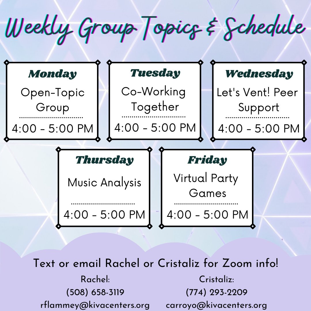 ZiaADVNetwork's tweet photo. Our new group schedule at Zia! These groups will begin next week on Monday, October 18th. We are looking forward to getting into a new rhythm and we hope you can join us! 
Groups are from 4-5 PM each day. Contact Rachel or Cristaliz for Zoom info! https://t.co/55oO84qxUH