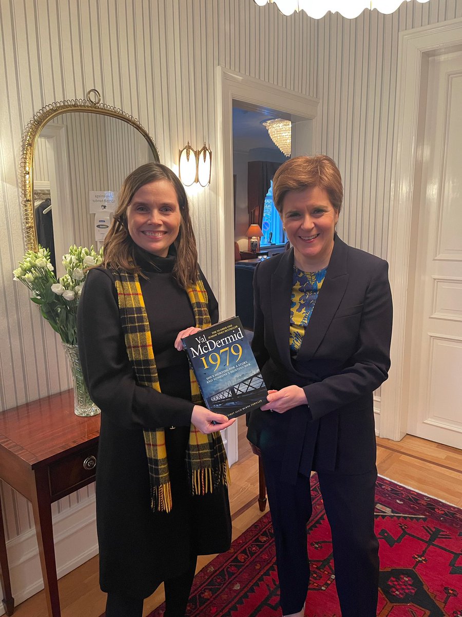 Great to catch up with Iceland’s Prime Minister, Katrín Jakobsdóttir this evening. As well as a common outlook on many policy issues, the PM and I share a love of crime fiction - so it was good to provide her with some tartan noir reading material, courtesy of <a href="/valmcdermid/">Val McDermid</a>