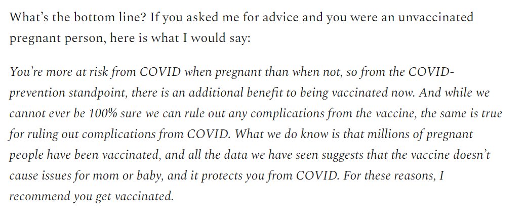 ProfEmilyOster's tweet photo. If you're pregnant, and you are wondering about being vaccinated, here's what I'm going to tell you (from today's newsletter) https://t.co/WrrJLY5DGg