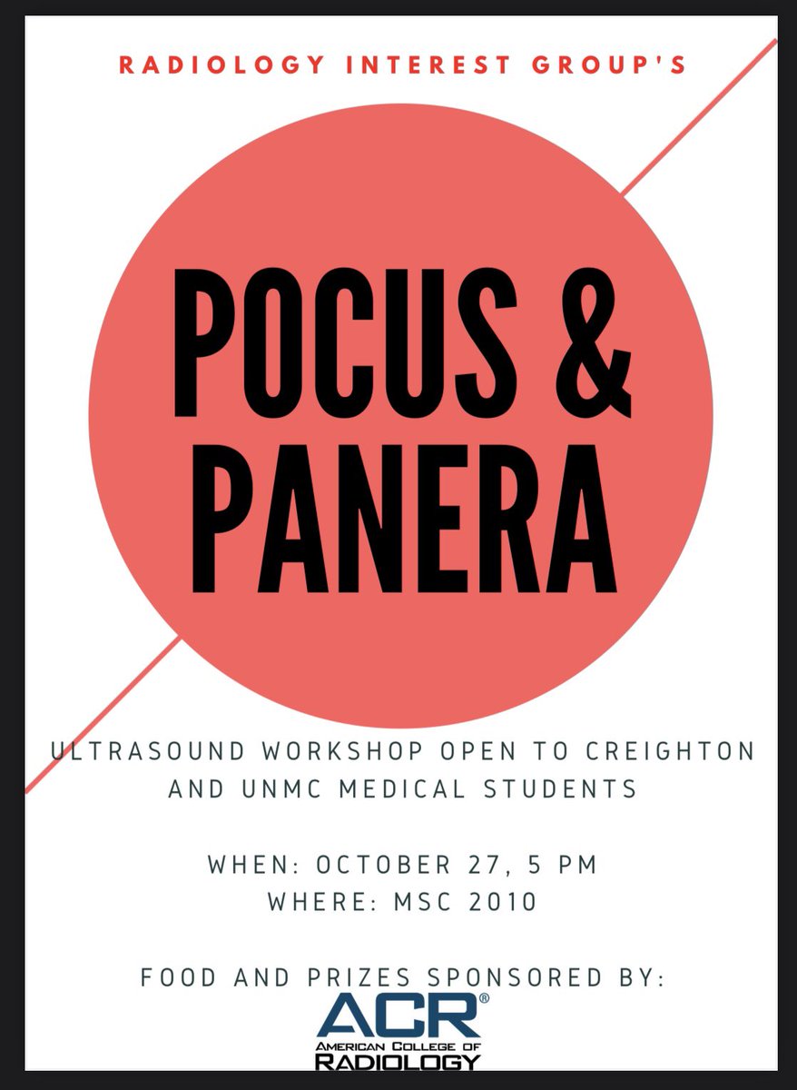 Attention #MedStudents: Join the #UNMC Radiology Interest Group for hands-on practice performing ultrasound-guided biopsies &amp; abd, pelvic, OB, &amp; scrotal ultrasound exams October 27 at 5pm! 

We’ll have food and prizes available 🥪🎖

Sponsored by <a href="/RadiologyACR/">American College of Radiology</a>   

<a href="/CreightonSOM/">CreightonSOM</a>