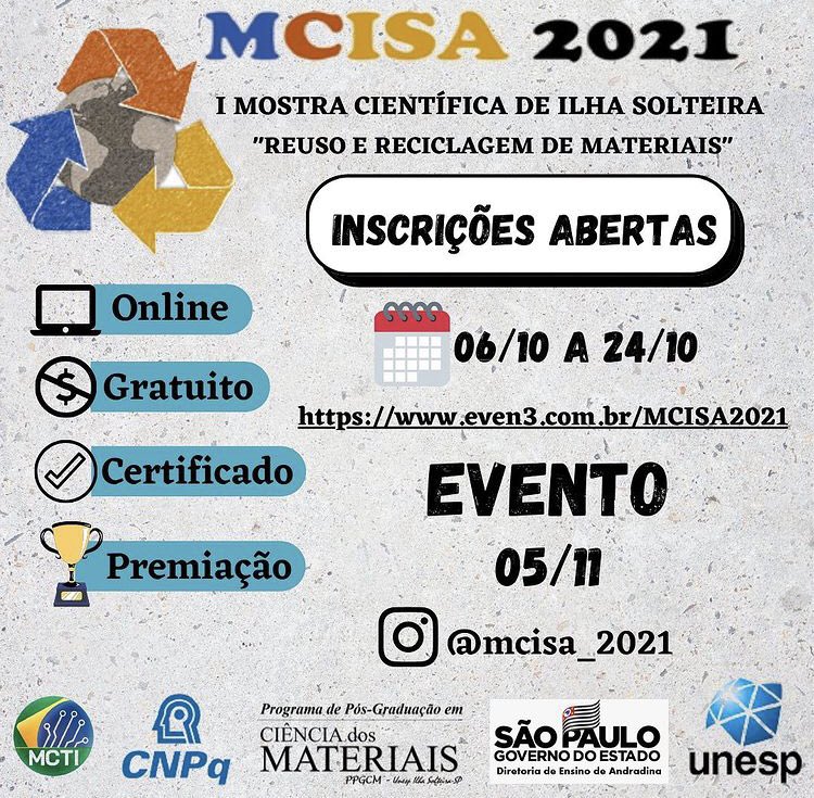 MCISA_2021's tweet photo. Se você é estudante do Ensino Fundamental e Médio de @ilhasolteira e região e está preocupado com o futuro do nosso planeta 🌎 não deixe de participar do MCISA 2021. ♻️ 
✅ https://t.co/FRpc2NxcbK  #snct2021, #AquitemCNPq, #AquitemMCTI, #CNPq e #MCTI @mcti @unespfeis https://t.co/5klJwTKjT1
