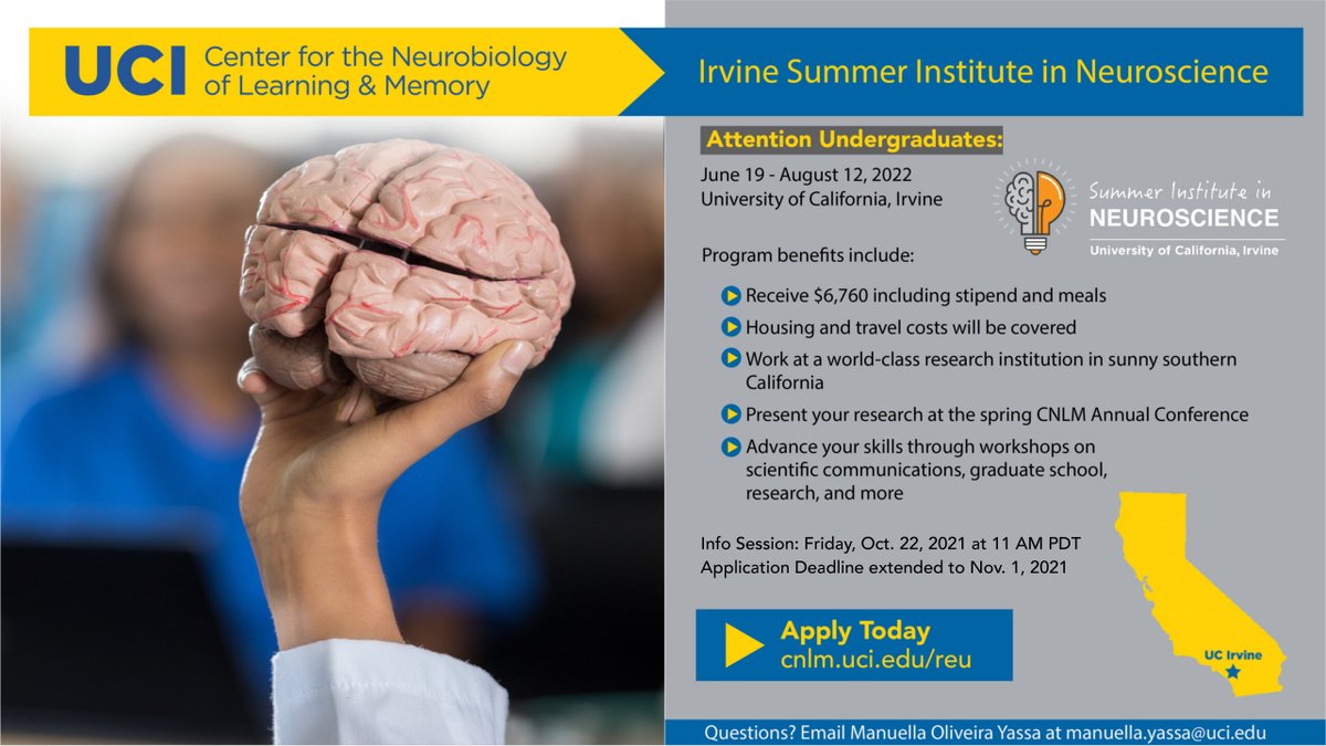 manuellayassa's tweet image. Hey undergrads! What are you doing next summer? Why not spend the summer in Southern California participating in our PAID summer Institute in Neuroscience? A 🧵about the program and why you should apply by Nov 1! Please share!