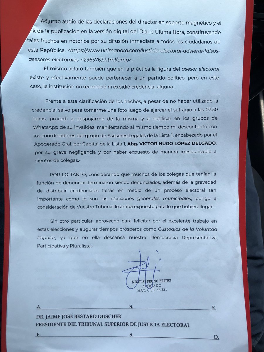 nicoprono's tweet photo. NO QUEDA EN EL OPAREI 🚫

Presenté una denuncia al TSJE sobre el caso de las credenciales falsas, responsabilizando al Apoderado de la Lista 1 por Capital, Víctor López, de distribuir las mismas, exponiendo de manera irresponsable a cientos de colegas. https://t.co/ST1VEKLwGS