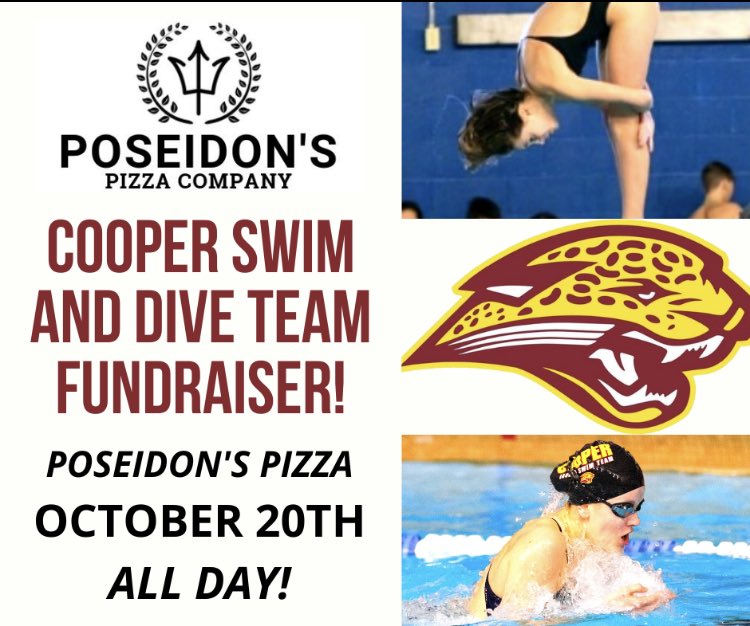 First fundraiser of the year is next Wednesday! Please order some yummy pizza from Poseidon’s Pizza. This helps pay for our practice time and meet entries! Just say your supporting the Cooper swim team! 🙂