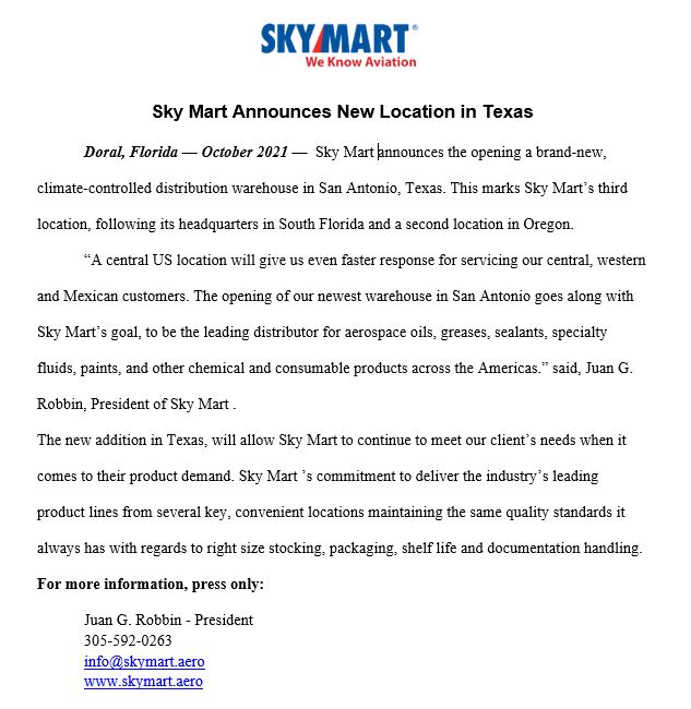 #SkyMart keeps growing.
Happy to announce our opening in San Antonio!

#weknowaviation #sanantoniotx #texas #newopening #aviation #aviationindustry #mro #businessaviation #nbaa2021 #bizavworks #generalaviation #commercialaviation #corporateaviation #aviationnews #mroservices
