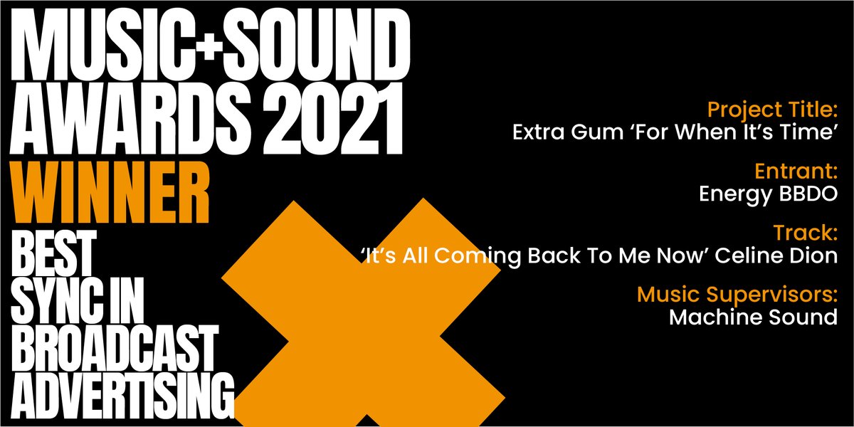 🏆 And the final winner of 2021's #MASAwards is... @energybbdo!! They've won Best Sync / TV Ad for placement of Celine Dion's 'It's All Coming Back to Me Now' in the Extra Gum 'For When It's Time' spot! @machinesound_co Congratulations to all involved! vimeo.com/622677006/8bf8…