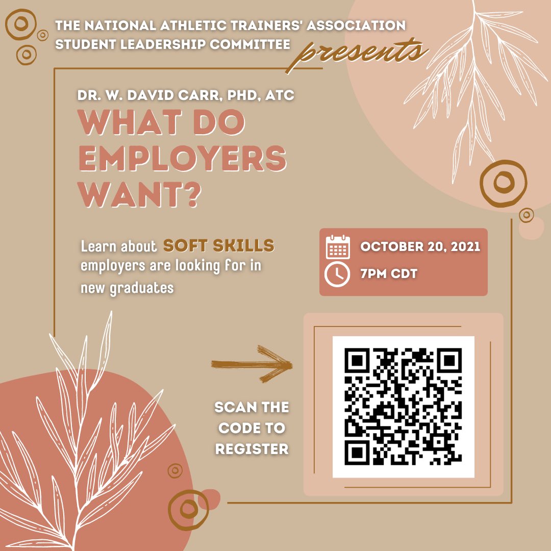 NATASLCreps's tweet photo. Here we go! Scan the QR code for an opportunity to join us on Wednesday, October 20th at 7 p.m. CDT as Dr. W. David Carr presents a brief review of two projects that explored what Athletic Training employers are looking for in new graduates entering the workforce 🤩  RT💯♥️ https://t.co/yrDGzAmmDT