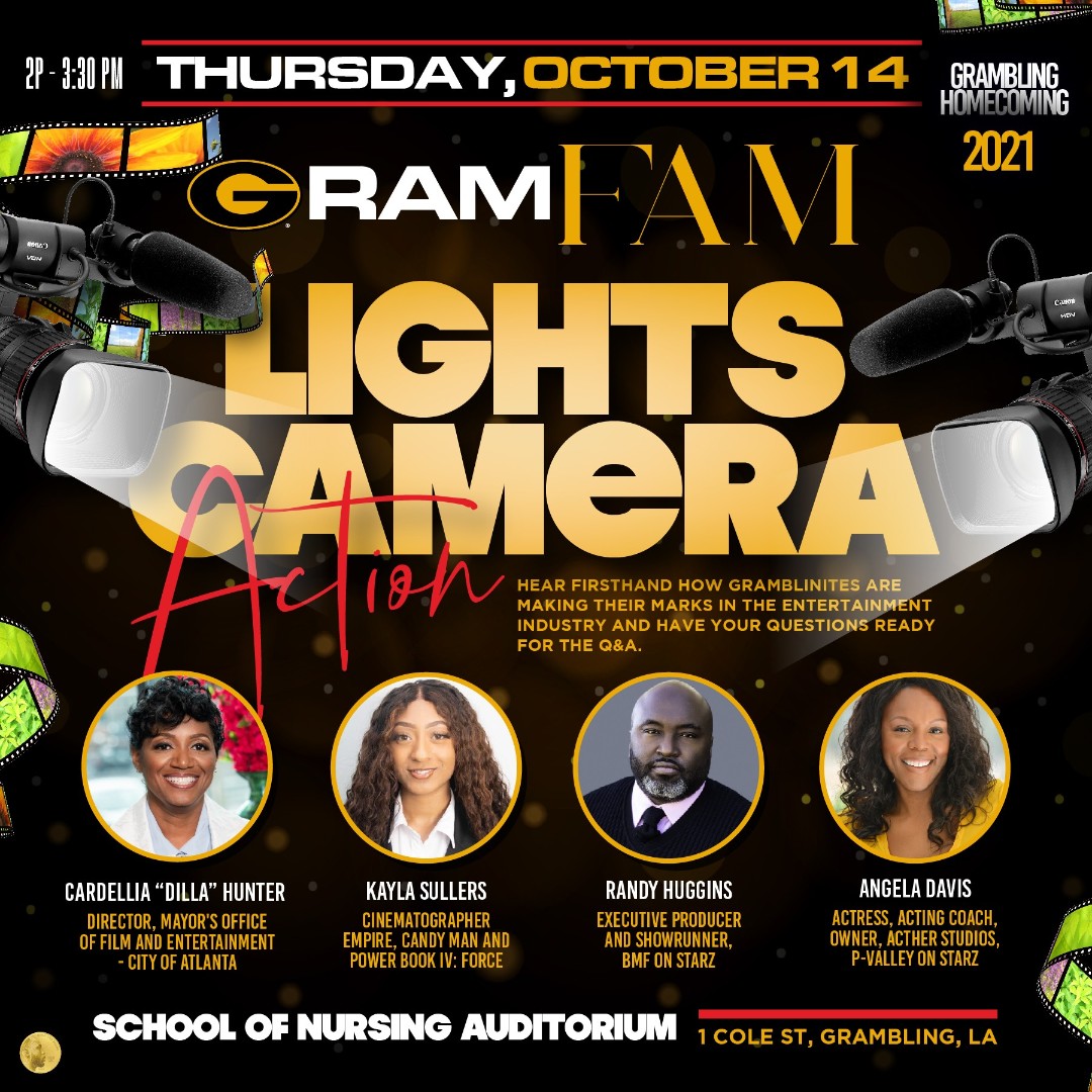 Grambling1901's tweet photo. TODAY | You don't want to miss the GramFam Lights, Camera, Action Entertainment panel at 2pm! @CardelliaHunter will lead a discussion with @kaylacymonee, @tvsrandyhuggins, and @angeladavisactress about working in the industry. #UnapologeticallyCreative #GSUHOCO2021 https://t.co/8jBCI83IJy