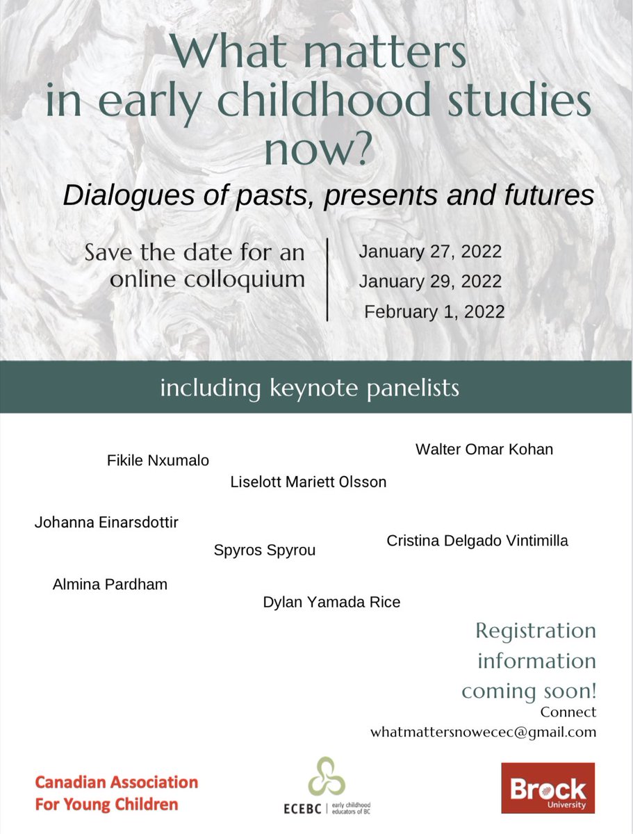 Mark your calendars for an upcoming colloquium series “What Matters Now In Early Childhood Studies: Dialogues of pasts, presents and futures” happening January 27th, January 29th and February 1st, 2022. Registration information will be released soon. Please share widely!