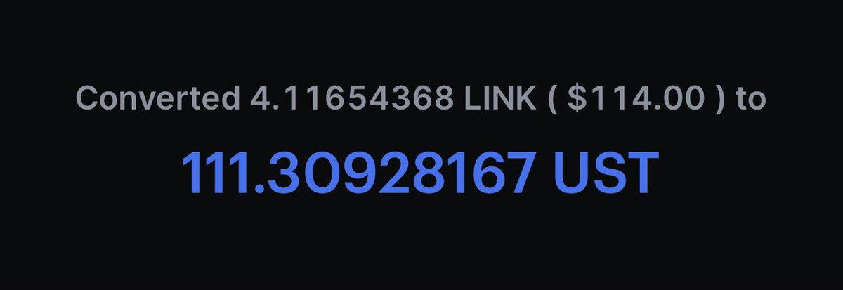 BFGeorge9000's tweet photo. @CoinbaseSupport If crypto/crypto conversions don’t have transaction fees, and UST is holding steady at $1.00/coin, how does $114 worth of LINK only yield 111 UST? https://t.co/1uZb0yA0DS