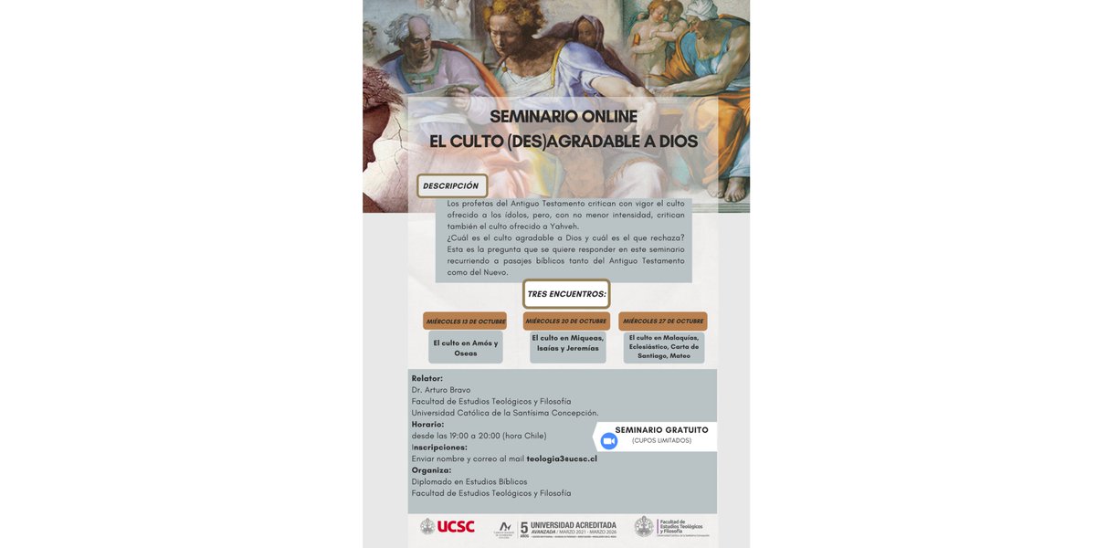 Gran participación  tuvo esta primera jornada del Seminario online "El culto (des)agradable a Dios" teologia.ucsc.cl/2021/10/semina…