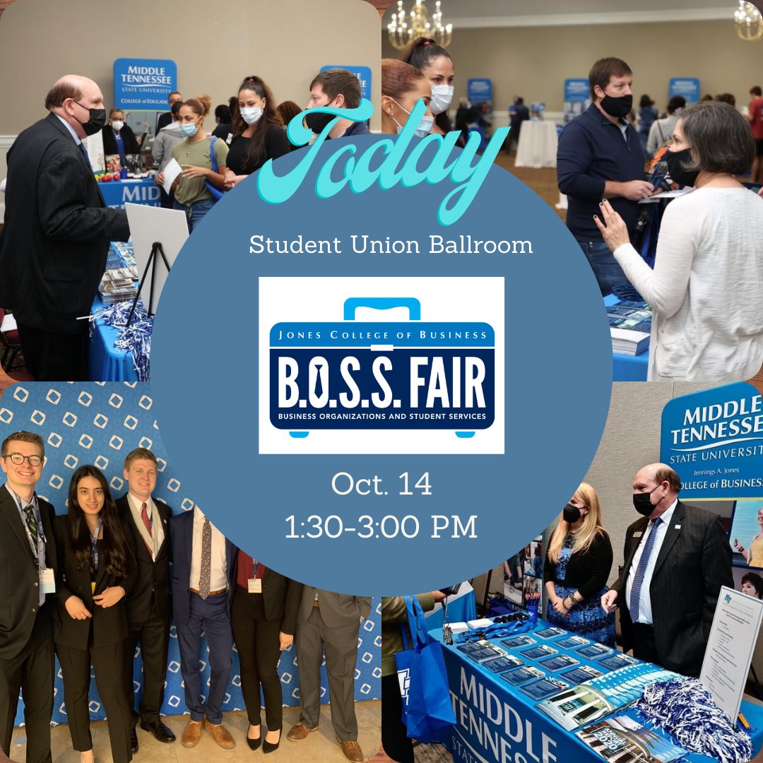 MTSUBusinessAdv's tweet photo. Today, Student Union Ballroom, BOSS Fair: Meet students from business clubs & orgs, talk with departments about our programs, & we will be there too! #jonescollegeogbusiness #jcbadvising #meetpeople #makesomefriends https://t.co/1ZxXbXZIMn