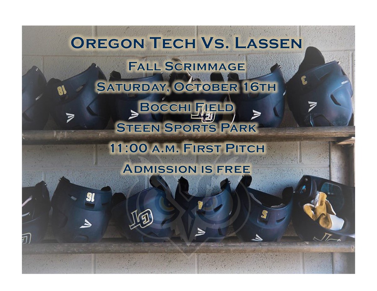 First Fall Scrimmage Announced… excited to welcome ⁦<a href="/LassenBaseball/">Lassen College Baseball</a>⁩ to Bocchi Field! ⁦<a href="/OregonTechOwls/">Oregon Tech Owls</a>⁩ ⁦<a href="/SteenSportsPark/">Steen Sports Park</a>⁩ #FlyWithUs #GoOwls