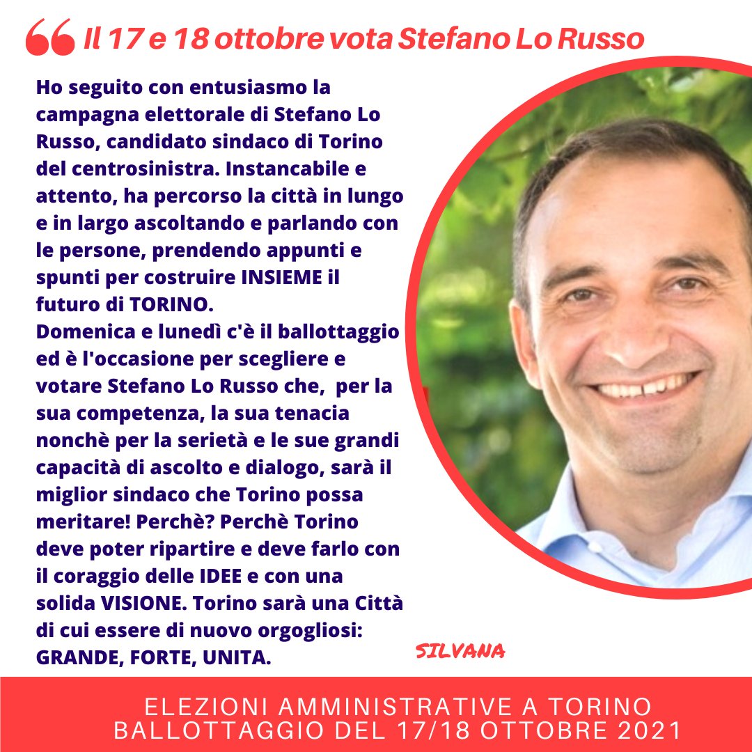 AlessandriaSil1's tweet photo. Perchè al ballottaggio di Torino del 17 e 18 ottobre 2021 voto @lorusso_stefano candidato sindaco del centrosinistra... io voto la COMPETENZA non gli slogan!
#LoRussoSindaco #perTorino #grandeforteunita #ballottaggio #torinoèlamiacittà https://t.co/tNuXyP9cCC