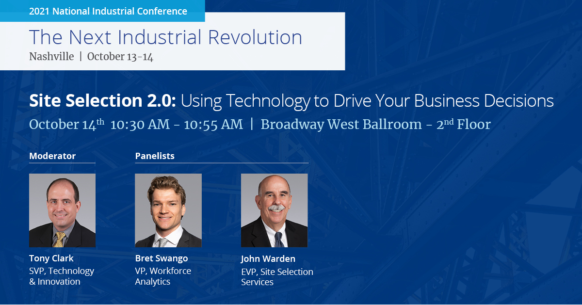 PeteQuinnIV's tweet photo. Tech and automation will be two leading factors for the Next Industrial Revolution, so it was fitting that our final session of #ColliersNIC2021 was all about how technology can drive business decisions for site selection. Thanks for your insight Bret Swango and John Warden! https://t.co/CgpnRX2eDm