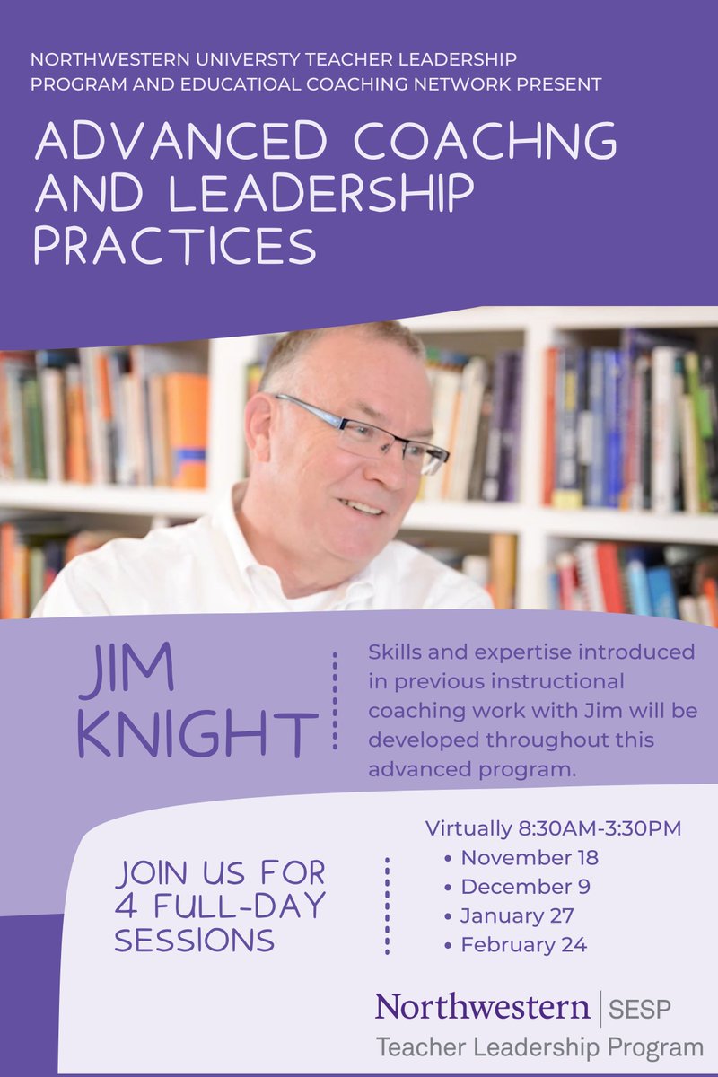 LAST CHANCE

For those who have worked with and learned from Jim Knight, we offer you this 4 part VIRTUAL institute titled: Advanced Coaching and Leadership Practices.

Questions? email teacherleadership@northwestern.edu

Register now: web.cvent.com/event/e46adb25…