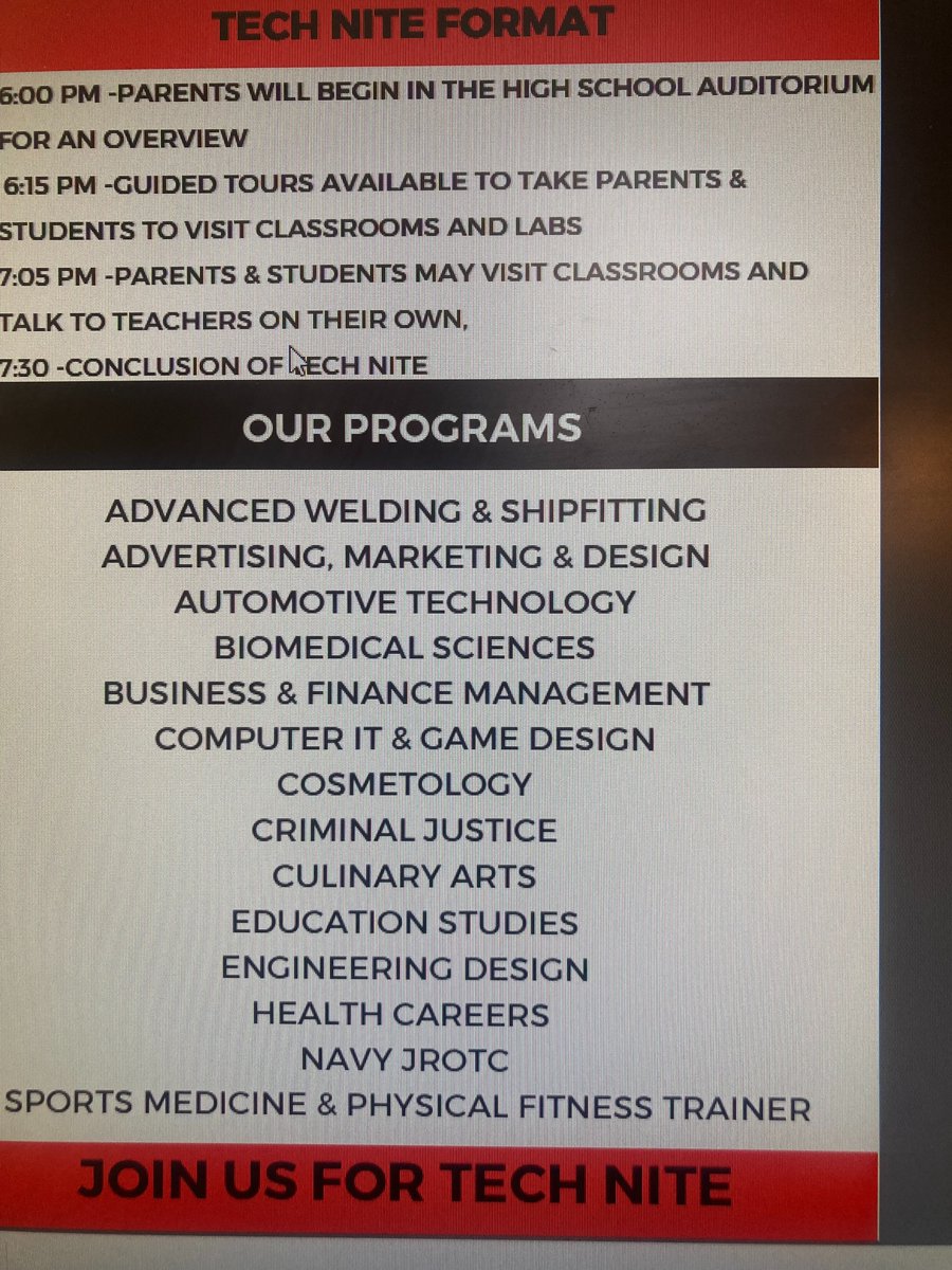 Join us for our Tech Nite Open House Wednesday, October 20th from 6-7:30 @ Coventry High School