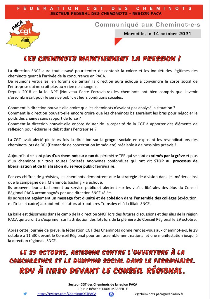 CheminotCGTPACA's tweet photo. Mobilisation réussie! + d’1 cheminot-e sur 2 à TER a agit ce 14/10 par la grève et + d’1/3 dans les autres activités!
🛑 destruction de l’entreprise!
🛑 destruction de nos métiers
🛑 destruction de nos conditions sociales! 
🛑 ouverture à concurrence
VIVE LA #CGT ✊🏻 https://t.co/9sbU1TtIBS