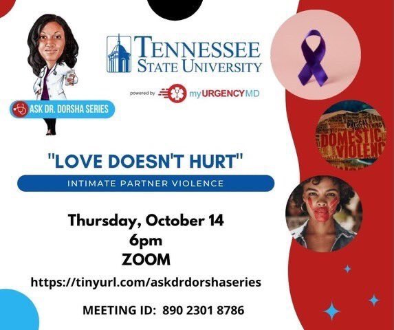 Join us for “Ask Dr. Dorsha Series” - “Love Doesn’t Hurt”

Thursday, October 14, 2021
6pm
Join us on Zoom, Meeting ID:  890 2301 8786
tinyurl.com/askdrdorshaser…