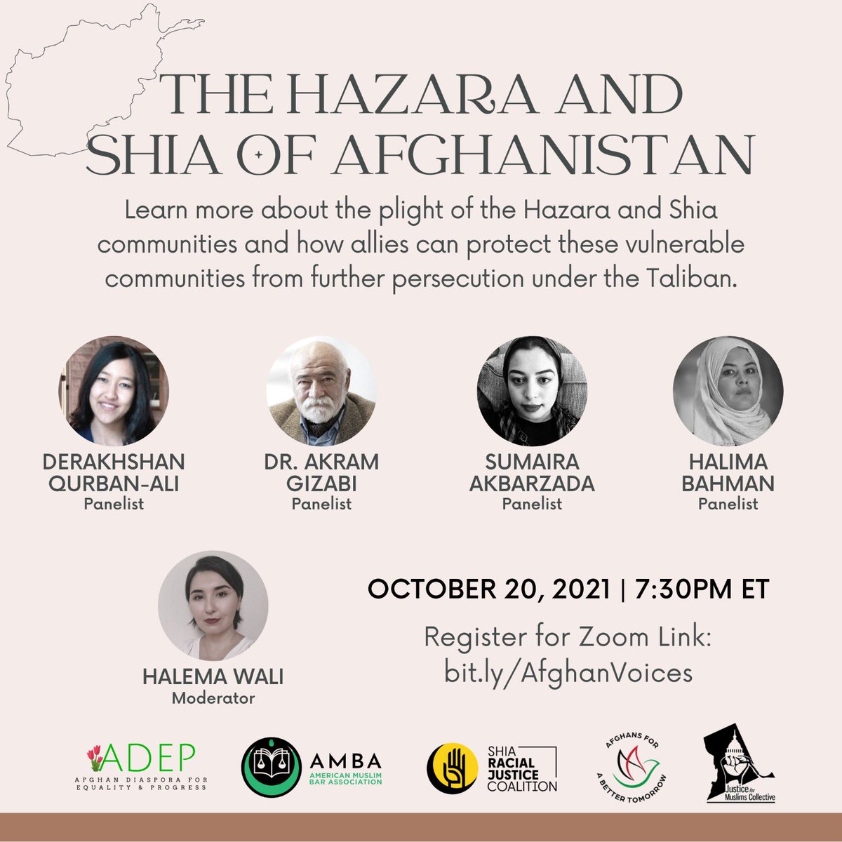 AfghansTomorrow's tweet photo. A timely discussion on the plight of the vulnerable Hazara &amp; Shia communities in Afghanistan, ethnic &amp; religious minorities that face persecution.

Tune in next week October 20 at 7:30pm ET!

Register: https://t.co/VRhm6z3iju

@AfgDiasporaEP @AMBA_legal @dcmuslimjustice @shiarjc https://t.co/4rp2fdKQZu