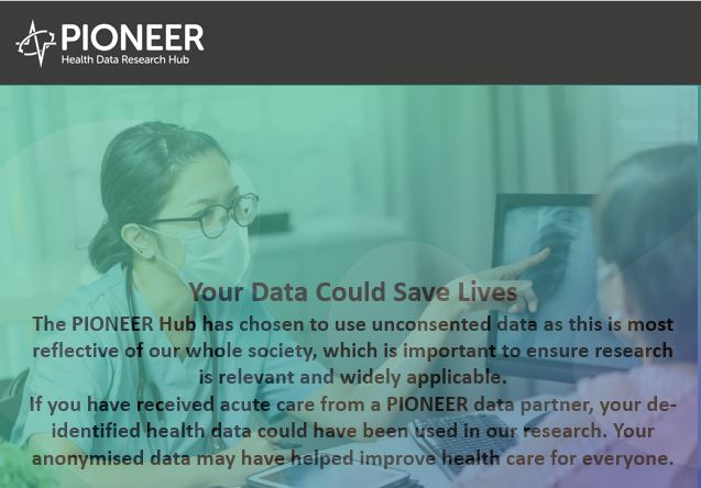 #DataSavesLives | We think it's crucial that patients know exactly HOW their #healthdata is used for research - from anonymisation to patient approval of data use. Our 🆕 info portal makes health data research transparent for all > pioneerdatahub.co.uk/your-data-coul… @HDR_UK @e_sapey