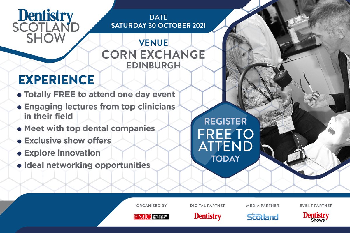 Dentistry_Scot's tweet photo. The Dentistry Scotland Show is your chance to learn, engage and experience the latest in dentistry! Join us on Saturday 30 October at the Edinburgh Corn Exchange, register now for FREE at https://t.co/AUK44BWG4x https://t.co/prCmla5SU5