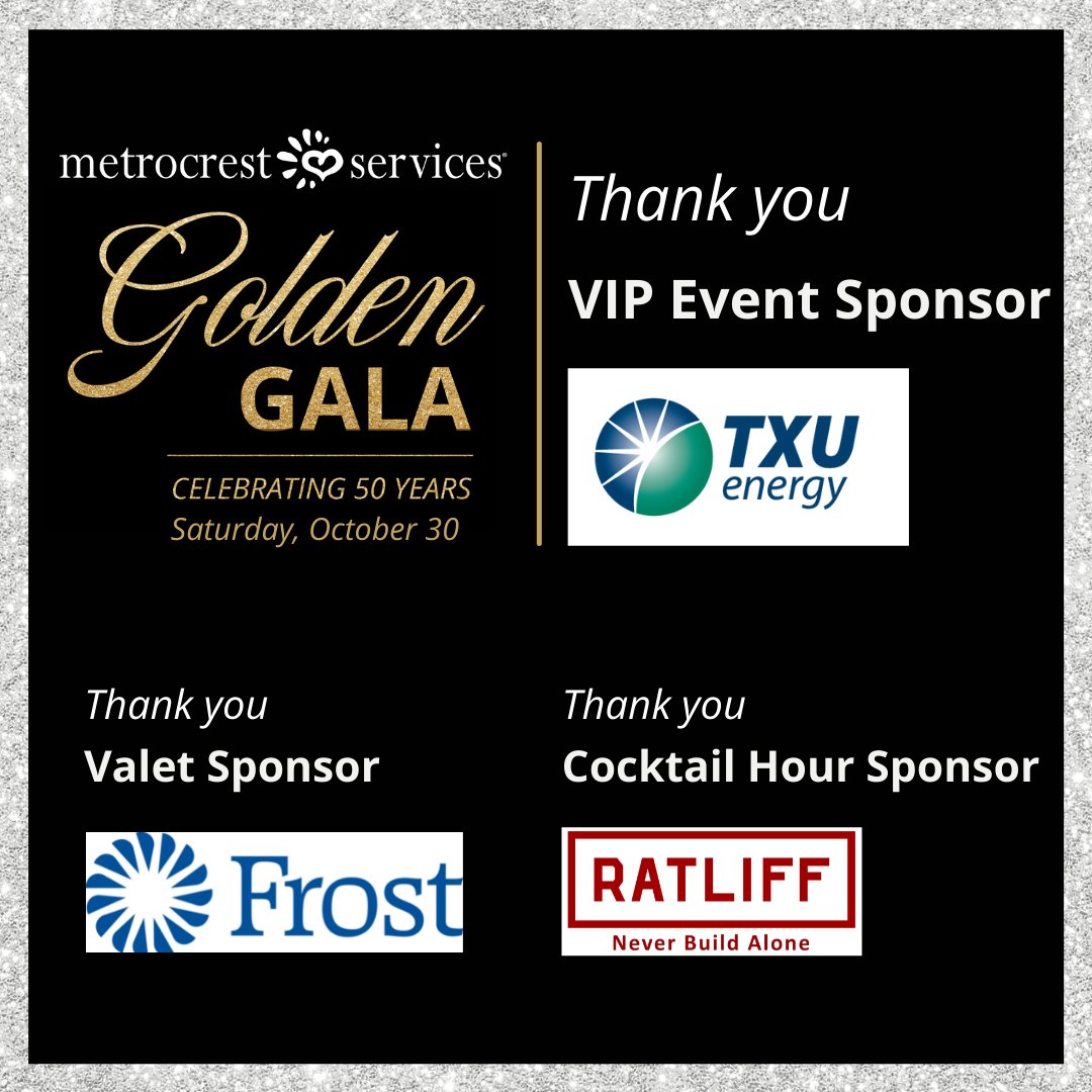 Metrocrest Services (@metrocresthelps) on Twitter photo Join us in thanking our Golden Gala VIP Event Sponsor- <a href="/txuenergy/">TXU Energy</a>, Valet Sponsor- <a href="/FrostBank/">Frost Bank</a>, and Cocktail Hour Sponsor- <a href="/RatliffGroup/">The Ratliff Group</a>, for helping us celebrate 50 years of service. 🎉
Don’t miss your chance to purchase tickets to this special evening: ow.ly/wg6e50GrynS Join us in thanking our Golden Gala VIP Event Sponsor- <a href="/txuenergy/">TXU Energy</a>, Valet Sponsor- <a href="/FrostBank/">Frost Bank</a>, and Cocktail Hour Sponsor- <a href="/RatliffGroup/">The Ratliff Group</a>, for helping us celebrate 50 years of service. 🎉
Don’t miss your chance to purchase tickets to this special evening: ow.ly/wg6e50GrynS