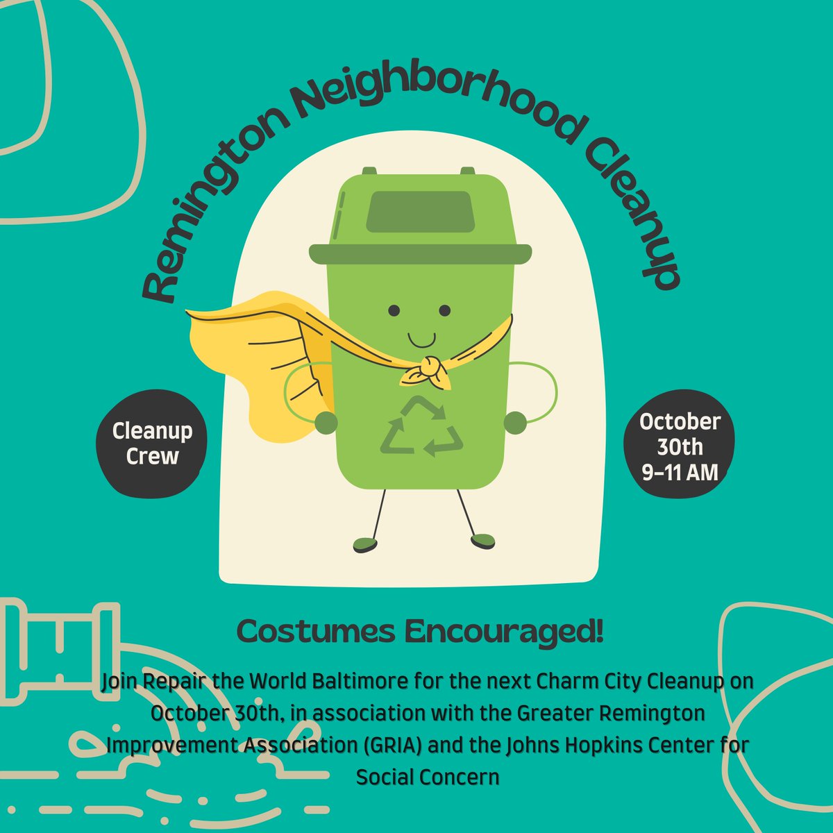 Join us for our next Charm City Cleanup Crew event on October 30th at 9 AM, in association with GRIA and the CSC to help clean up the Remington neighborhood. Meet at Sisson Street Park at 9 AM, costumes encouraged!
Sign up at this link ➡️ werepair.org/baltimore/?pop…