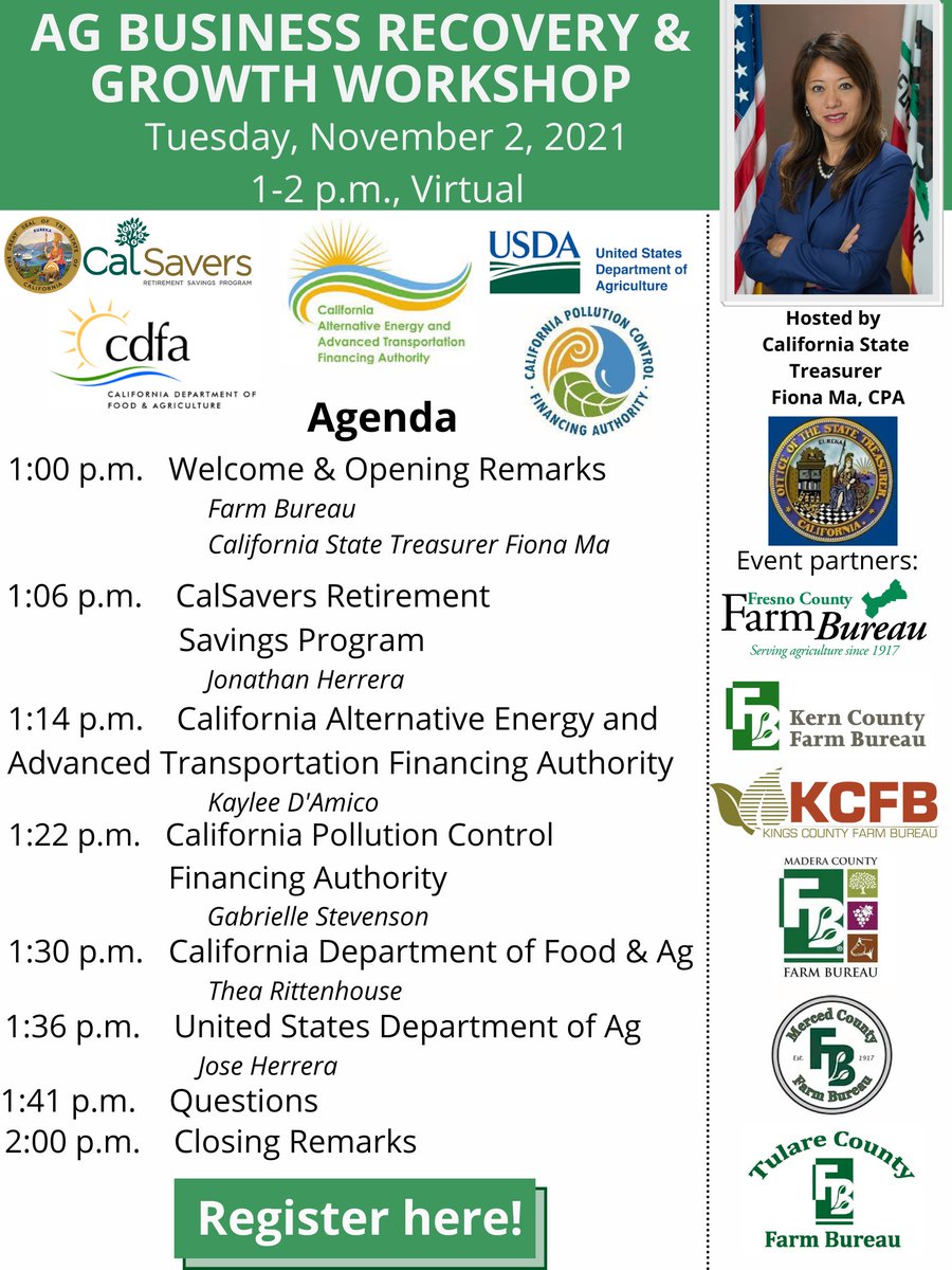 Please join CA Treasurer @FionaMa for a virtual Ag Growth &amp; Recovery workshop 1-2pm on Nov 2nd.  

RSVP here: events.constantcontact.com/register/event…