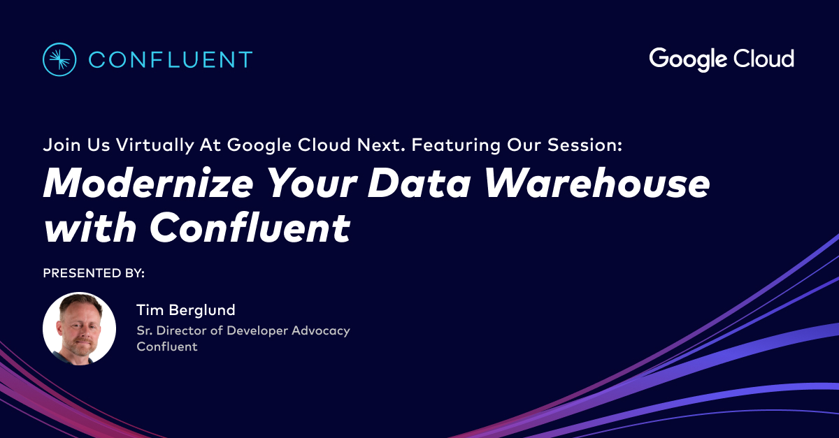 confluentinc's tweet photo. Tune in now to @tlberglund’s #GoogleCloudNext session! He'll show you how to migrate your data from a legacy data warehouse to @googlecloud BigQuery. Learn how to achieve your data warehouse modernization goals with ease and where to get started. https://t.co/ejK36dQg55 https://t.co/rALMq1NOWY