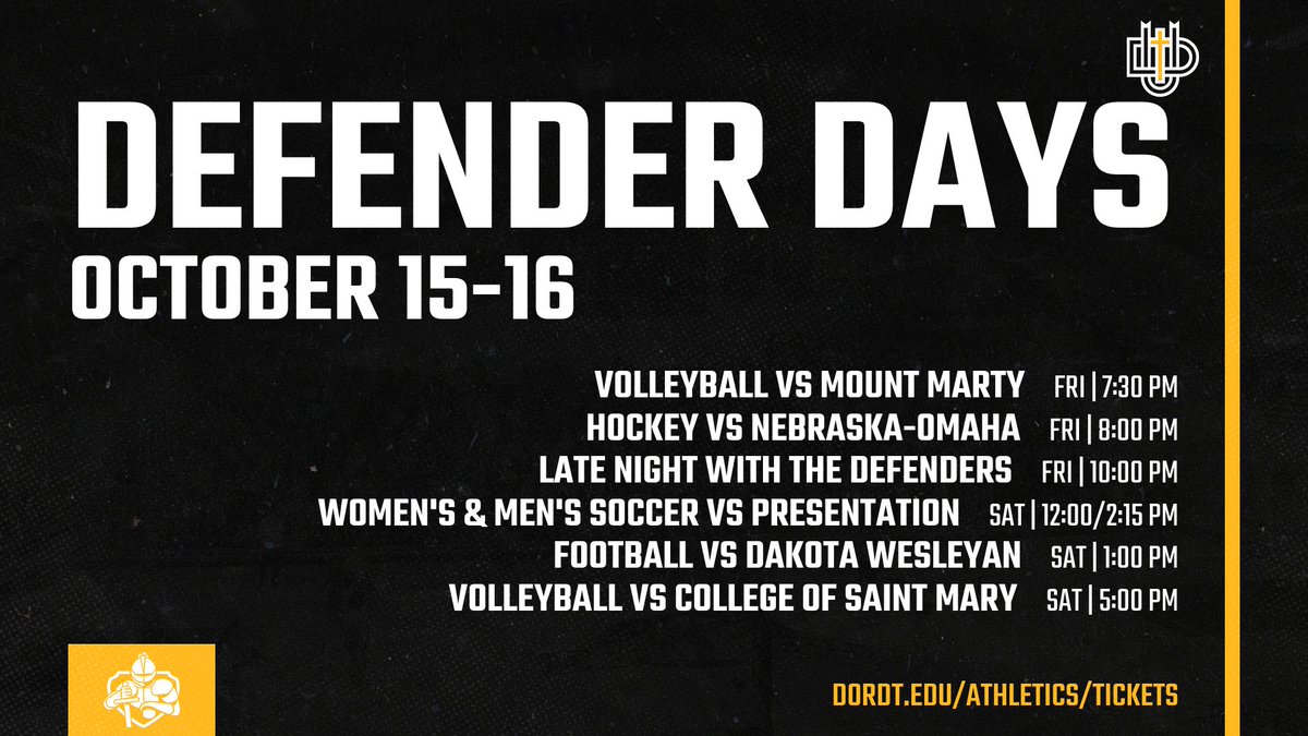 dordtdefenders's tweet photo. ⚔️ #DefenderDays starts tomorrow! Cheer on the Defenders at this weekend's athletic events!
🎟️ https://t.co/lNeuc01Osp https://t.co/1sRbeU5KYX