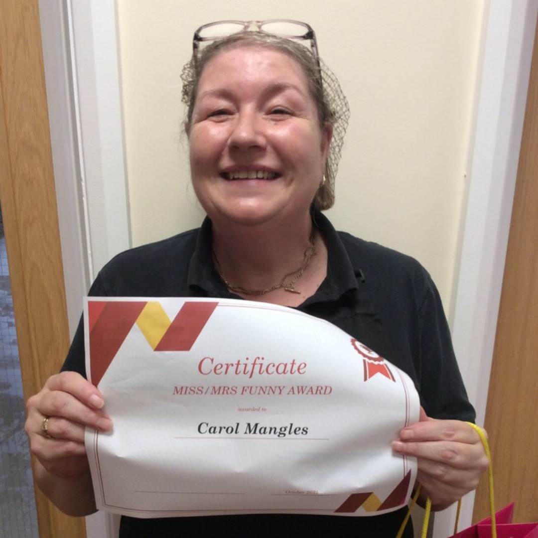 Well done to our nursery cook Carol for winning Miss Funny. You are always so happy and making us all laugh 🤣