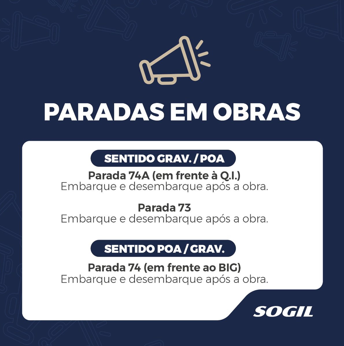 SOGIL_Oficial's tweet photo. #Atenção 📢📢📢
As paradas 74A e 73 (sentido Grav./POA) e 74 (sentido POA/Grav.) da Av. Dorival Cândido Luz de Oliveira estão desativadas devido às obras. Sendo assim, o embarque e o desembarque nos #ônibus estão ocorrendo após as paradas.
#SACSOGIL #InformaçãoSOGIL #SOGIL https://t.co/q31nqNwsx3