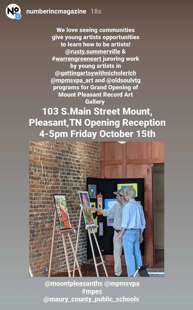 Shout out <a href="/MauryCoSchools/">MauryCoPublicSchools</a> art teachers <a href="/MPESArt/">MPESCreativeTigers</a> <a href="/MPMSVPA_Art/">Mount Pleasant Middle School Art Room</a> <a href="/Whitleah/">Whitney Herrington</a> and their amazing young artists from <a href="/MPEStigers/">MtPleasantElementary</a> <a href="/MPMSVPA/">Mt.PleasantMiddleVPA</a> <a href="/MPHSGoTigers/">Mt. Pleasant High</a> who will exhibit work in the first ever Art gallery in 197 years in Mount Pleasant,TN-Mount Pleasant Record Art Gallery 103 S.Main Street