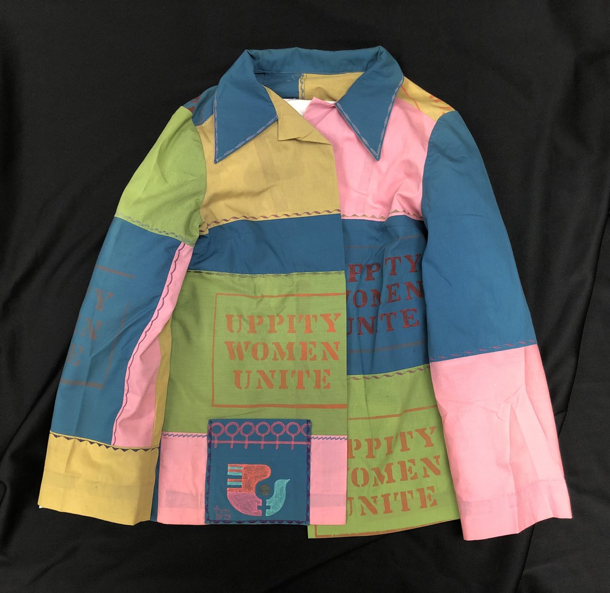 SocFLArchivists's tweet photo. This "Uppity Women Unite" coat found in @fsulibraries' Claude Pepper Library was worn during rallies in Tallahassee to support the passage of the Equal Rights Amendment in the 1970s. https://t.co/MwQGpgMjIw #ArchivesMonth #FloridaArchives #EqualRights https://t.co/ORWUz8wL3V
